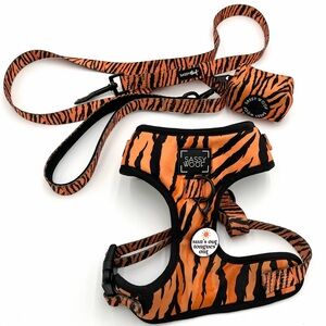 Sassy Woof Paw of the Tiger Harness, Leash, and Waste Bag Holder Bundle Size S